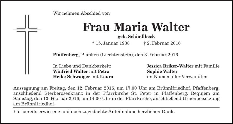 Traueranzeige Maria Walter