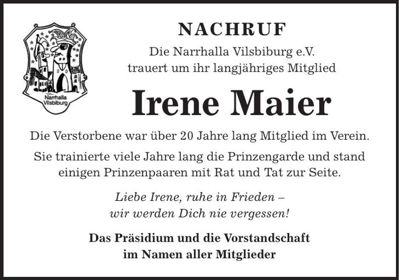 Traueranzeige Irene Maier
