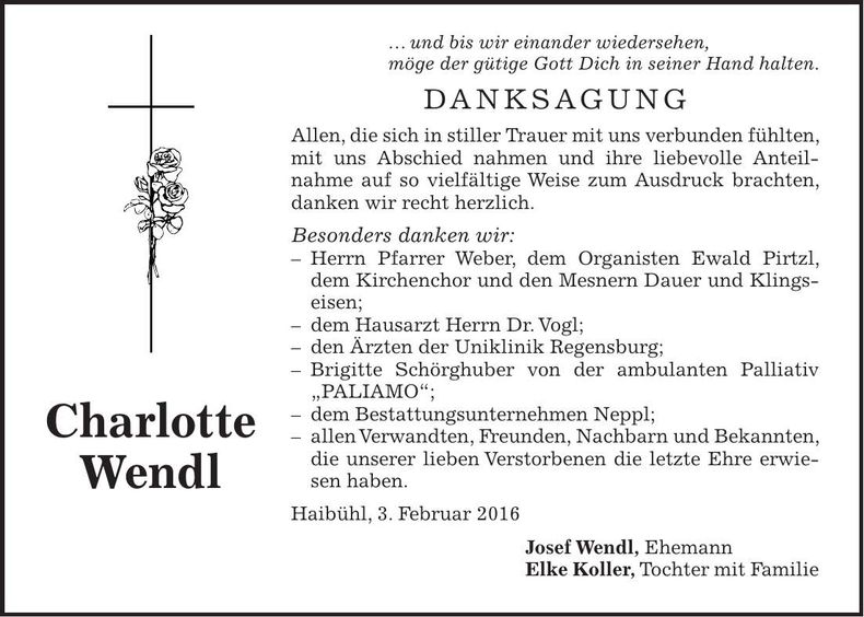 Traueranzeige Charlotte Wendl