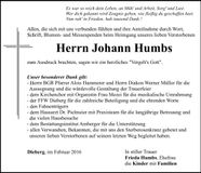 Traueranzeige Johann Humbs