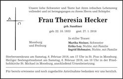 Traueranzeige Theresia Heckner