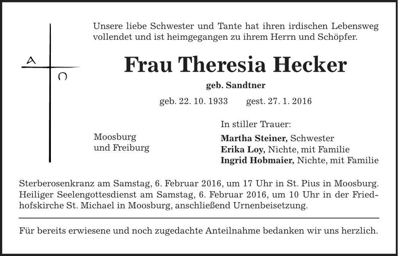 Traueranzeige Theresia Heckner