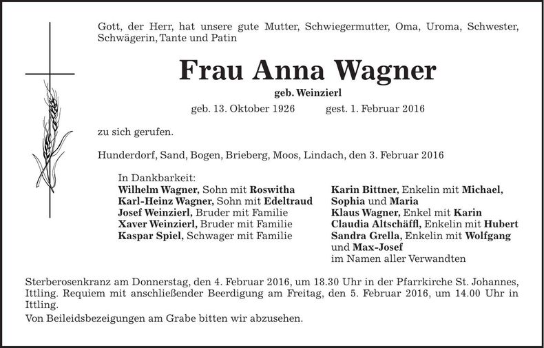 Traueranzeige Anna Wagner