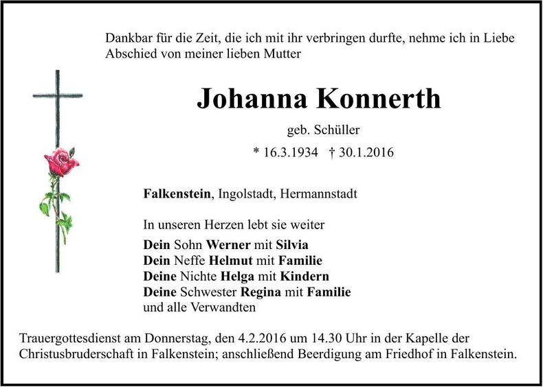 Traueranzeige Johanna Konnerth