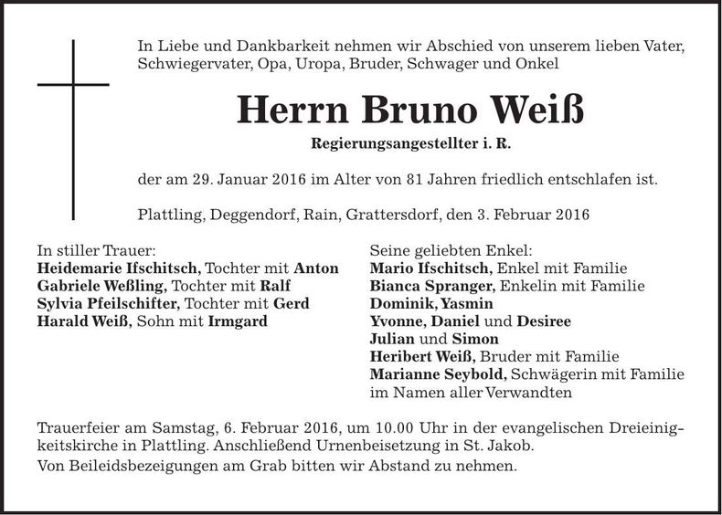 Traueranzeige Bruno Weiß