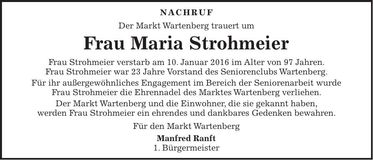 Traueranzeige Maria Strohmeier