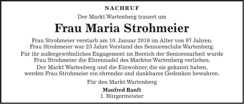 Traueranzeige Maria Strohmeier