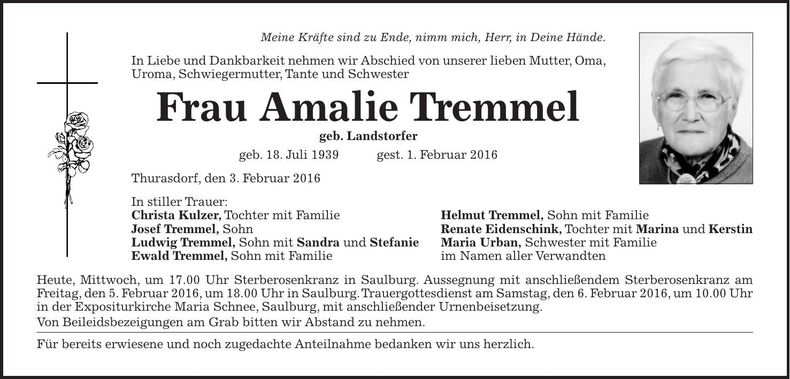 Traueranzeige Amalie Tremmel