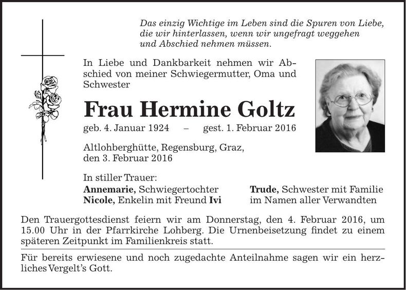 Traueranzeige Hermine Goltz