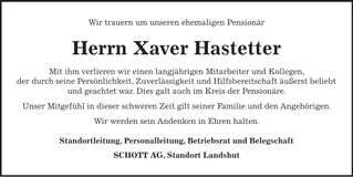 Traueranzeige Xaver Hatetter