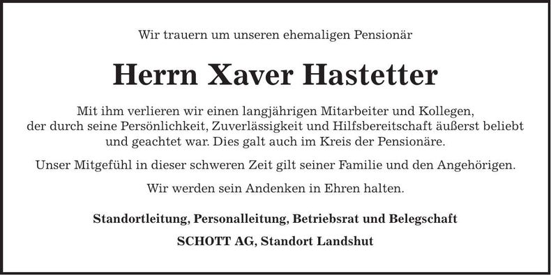 Traueranzeige Xaver Hatetter