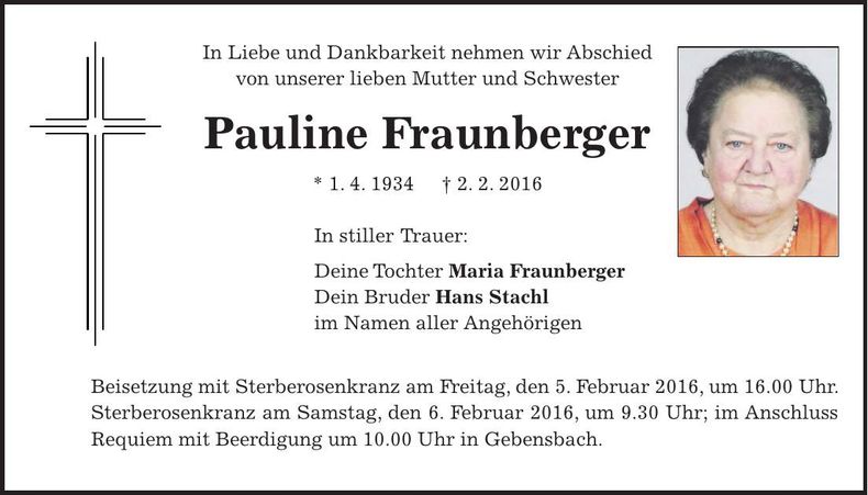 Traueranzeige Pauline Fraunberger