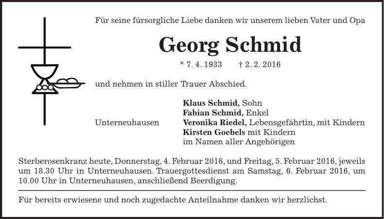 Traueranzeige Georg Schmid