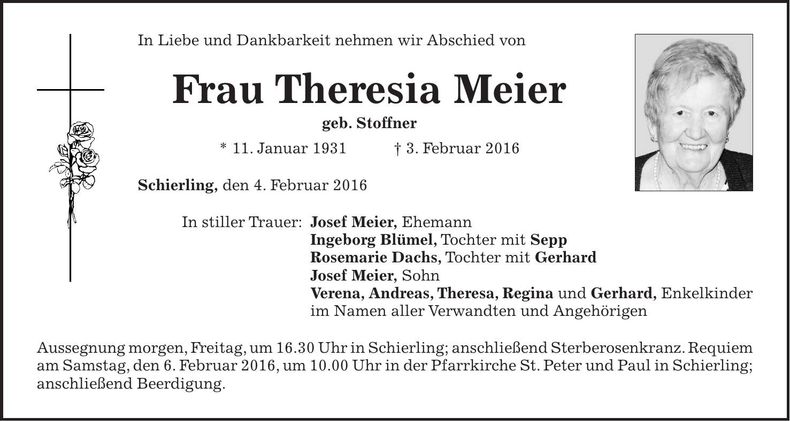 Traueranzeige Theresia Meier