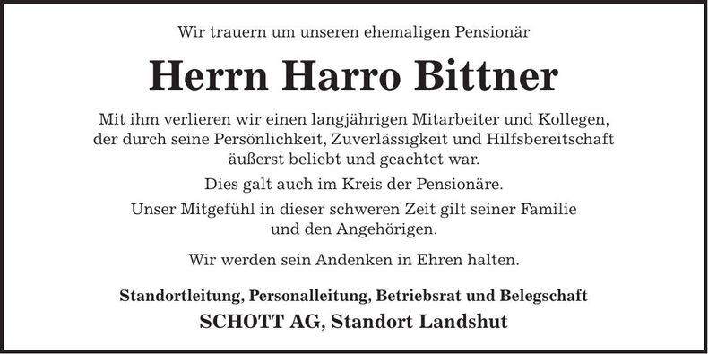 Traueranzeige Harro Bittner