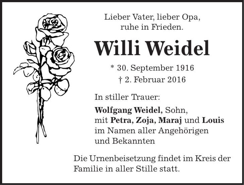 Traueranzeige Willi Weidel