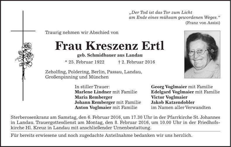 Traueranzeige Kreszenz Ertl