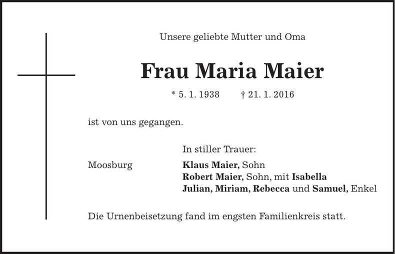 Traueranzeige Maria Maier