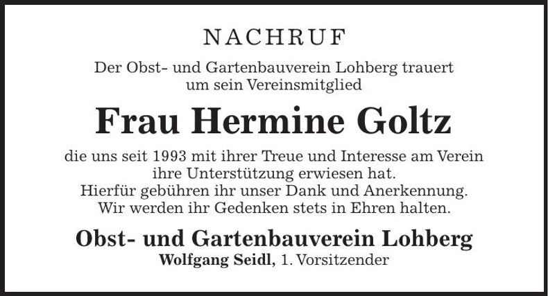 Traueranzeige Hermine Goltz