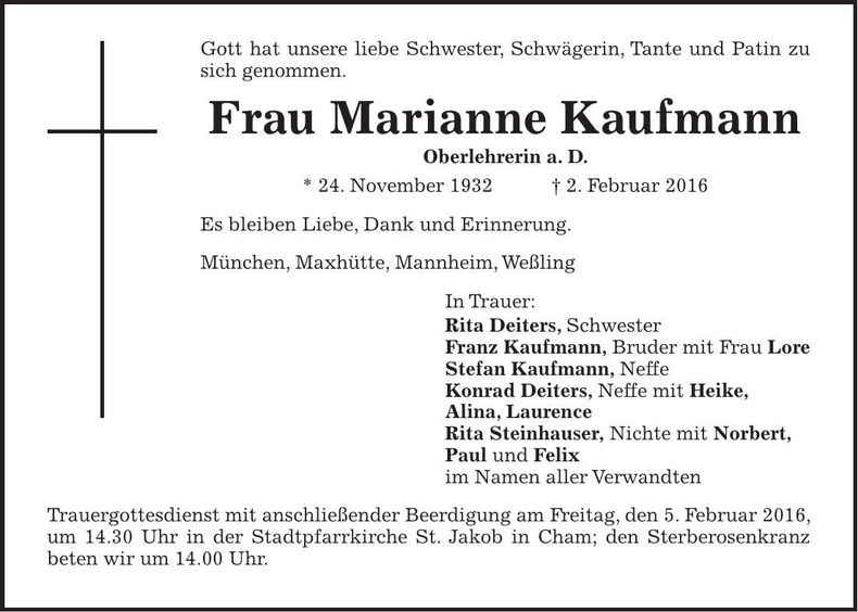 Traueranzeige Marianne Kaufmann