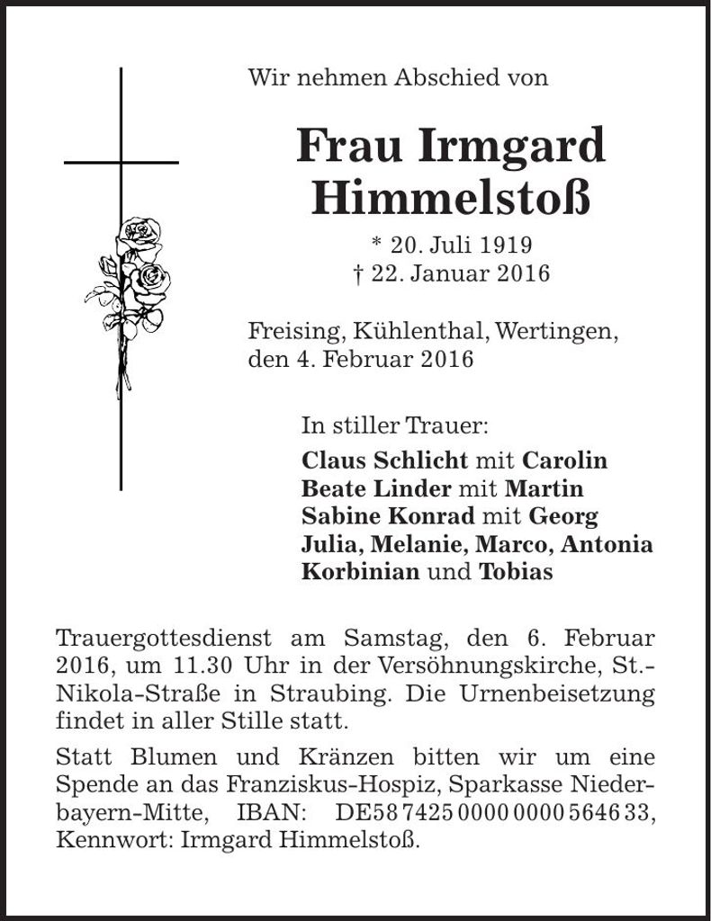 Traueranzeige Irmgard Himmelstoß