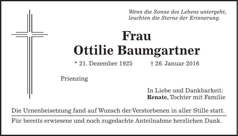 Traueranzeige Ottilie Baumgartner