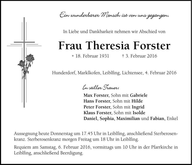 Traueranzeige Theresia Forster