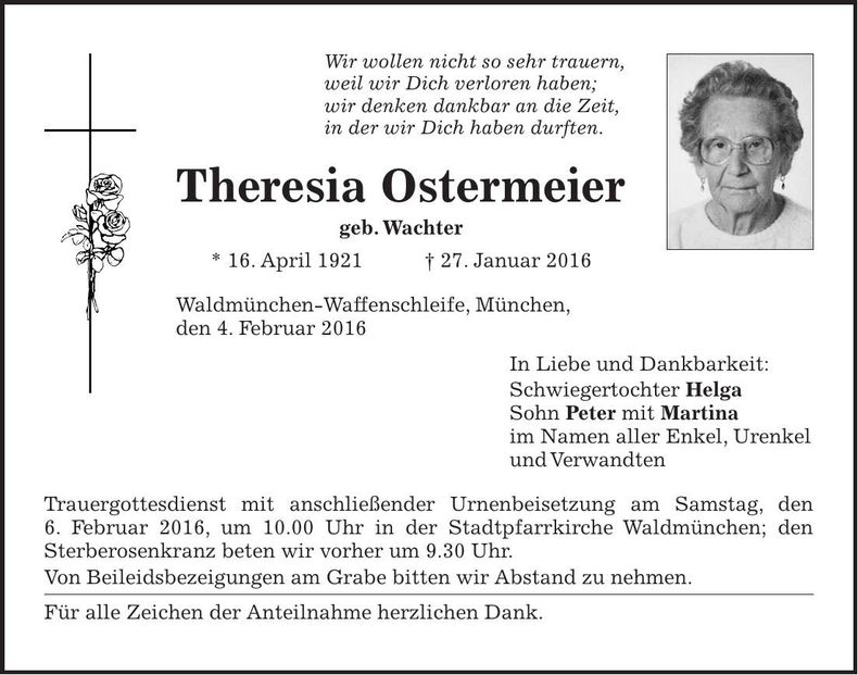 Traueranzeige Theresia Ostermeier