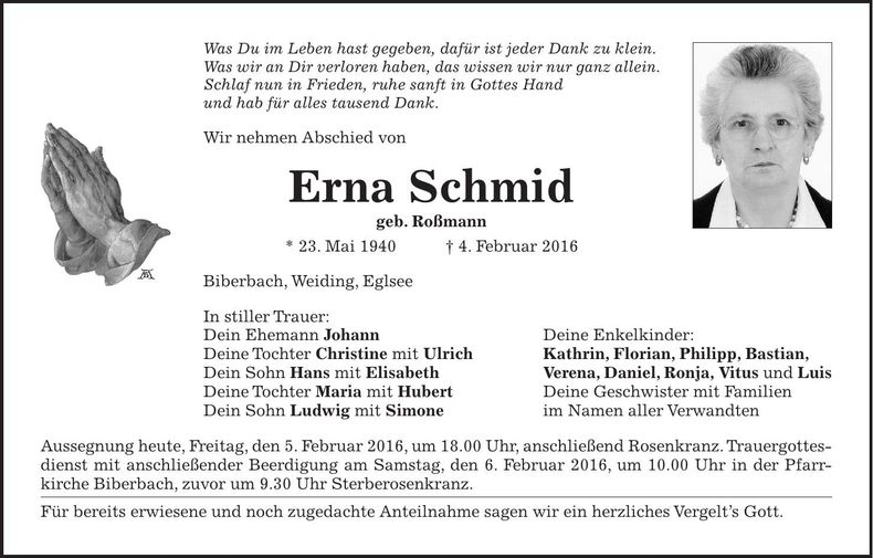 Traueranzeige Erna Schmid