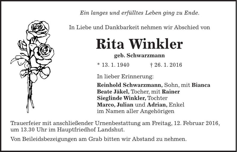 Traueranzeige Rita Winkler