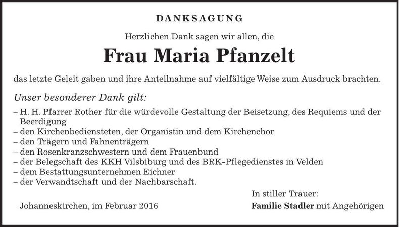 Traueranzeige Maria Pfanzelt