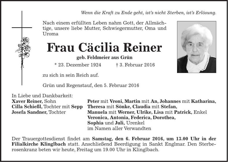 Traueranzeige Cäcilie Reiner