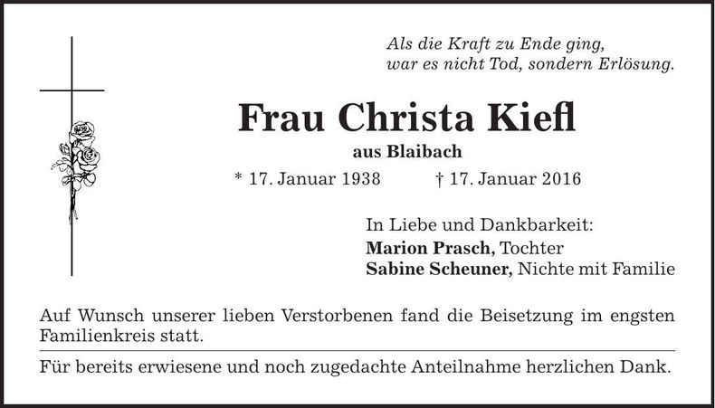Traueranzeige Christa Kiefl
