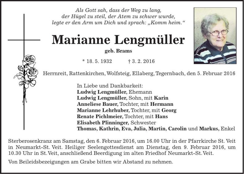 Traueranzeige Marianne Lengmüller