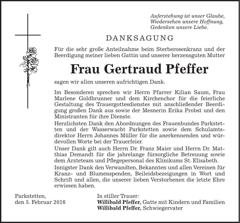 Traueranzeige Gertraud Pfeffer