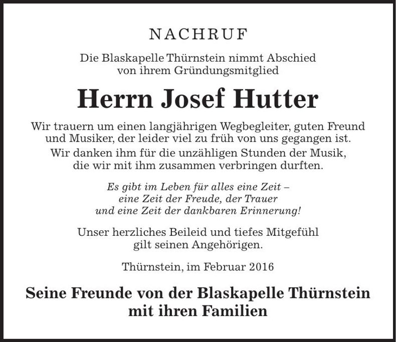 Traueranzeige Josef Hutter