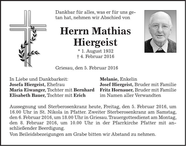 Traueranzeige Mathias Hiergeist