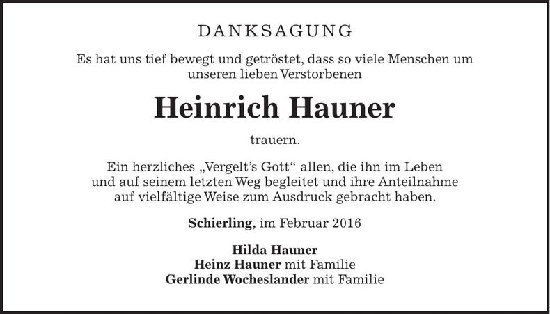 Traueranzeige Heinrich Hauner