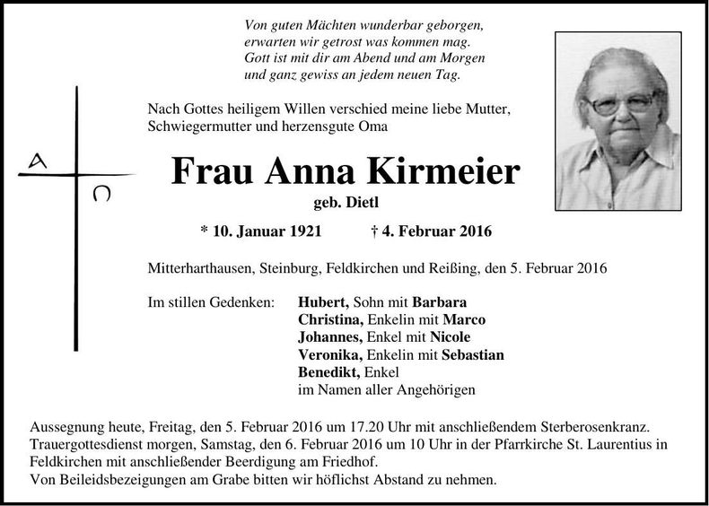Traueranzeige Anna Kirmeier