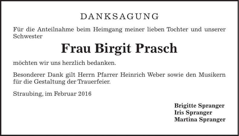 Traueranzeige Birgit Prasch
