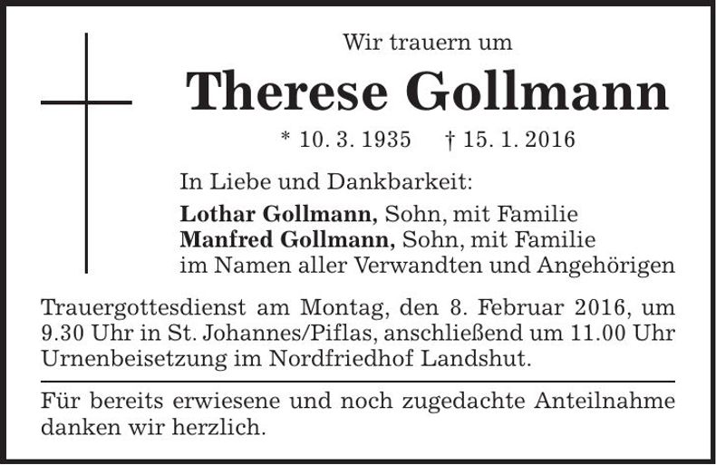 Traueranzeige Therese Gollmann