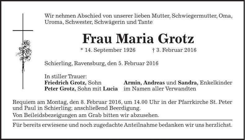 Traueranzeige Maria Grotz