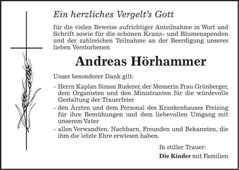 Traueranzeige Andreas Hörhammer