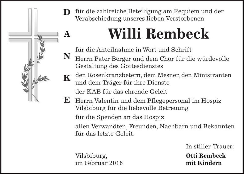 Traueranzeige Willi Rembeck