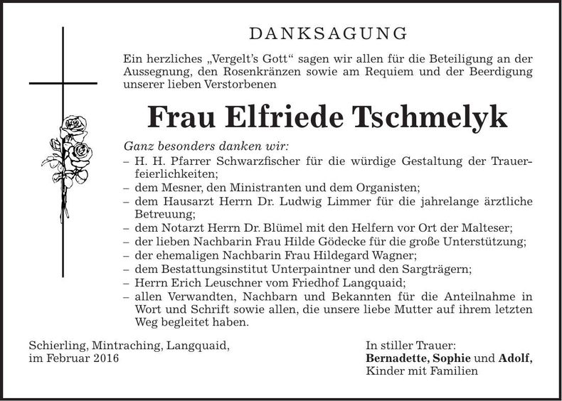 Traueranzeige Elfriede Tschmelyk