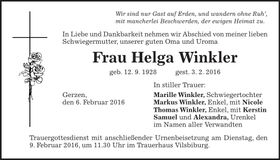 Traueranzeige Helga Winkler