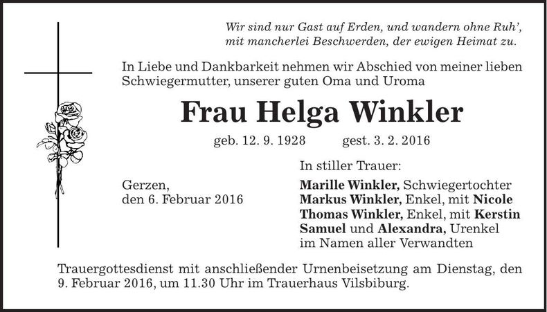 Traueranzeige Helga Winkler