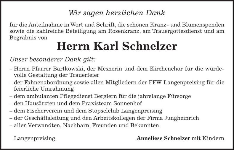 Traueranzeige Karl Schnelzer