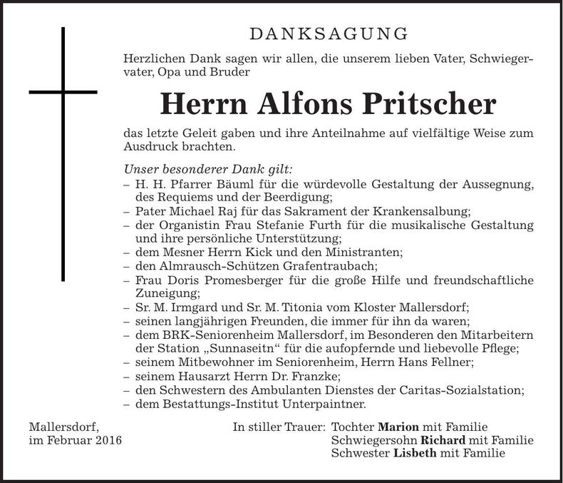 Traueranzeige Alfons Pritscher