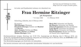 Traueranzeige Hermine Ritzinger